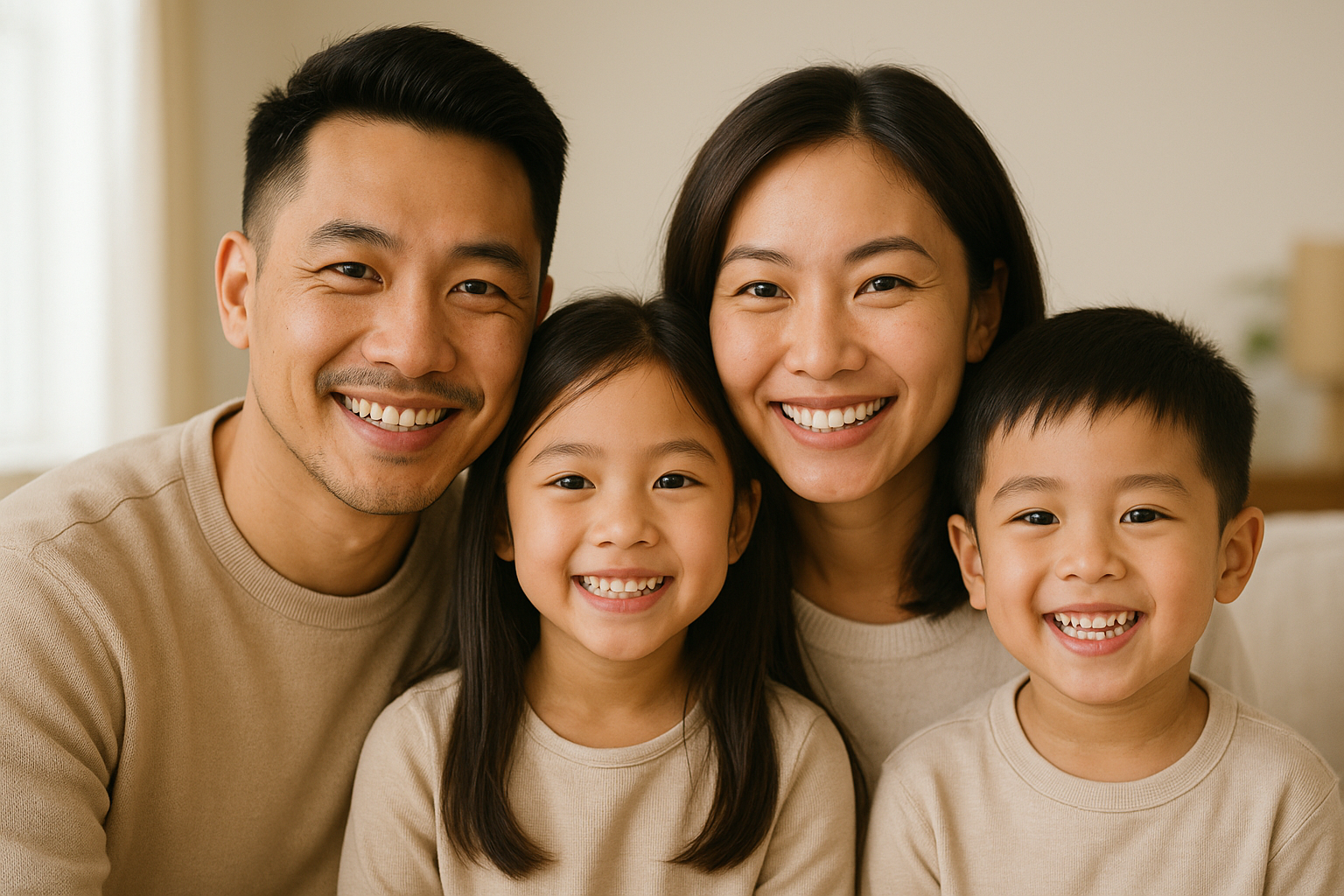 Happy Asian family with beautiful healthy smiles at Karen Dental Clinic