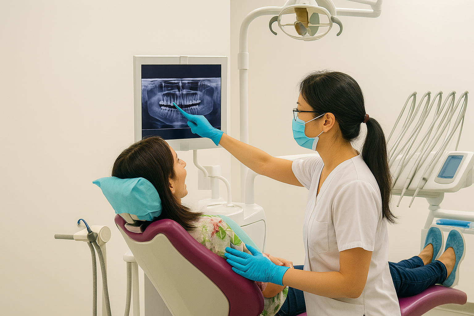 Dentist explaining digital X-rays to patient during consultation at Karen Dental Clinic